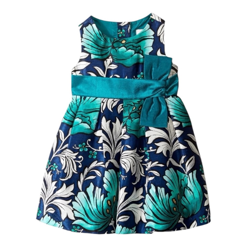 Floral Sleeveless Kids Dress - Teal and White